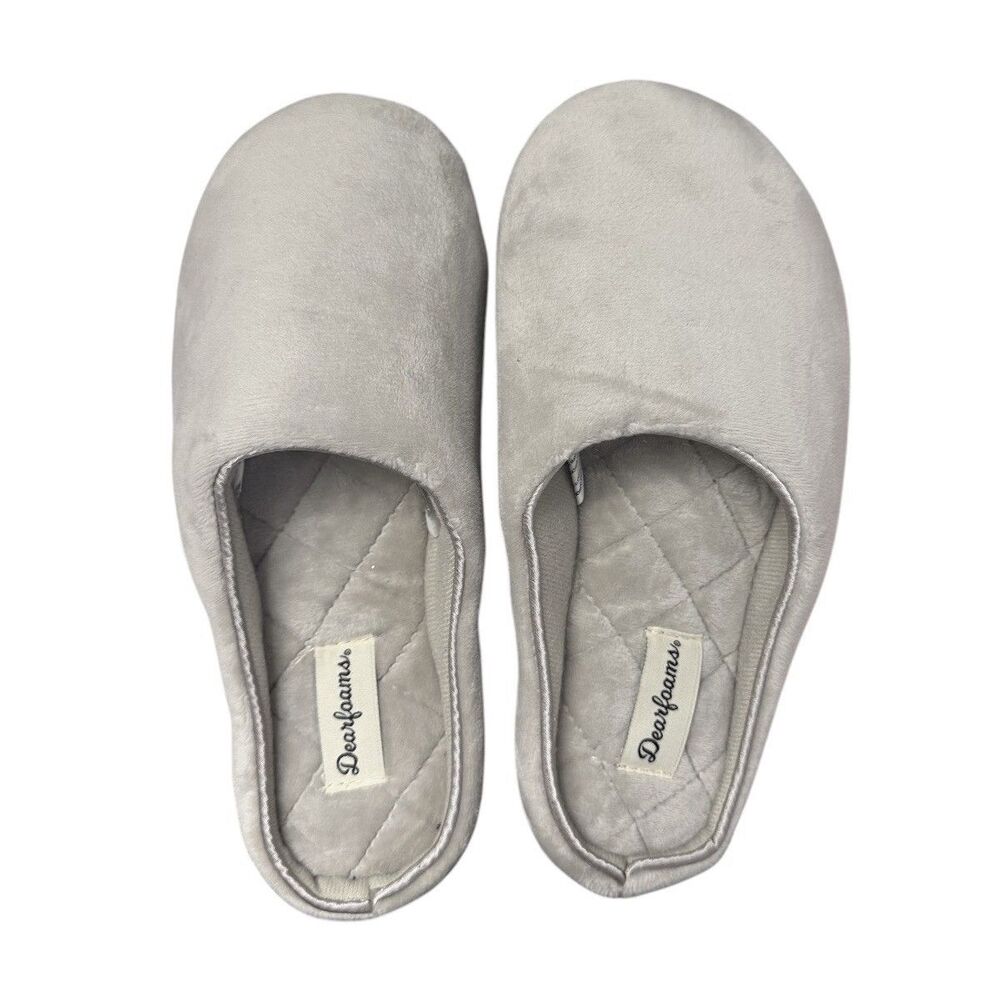 Dearfoams Women Sz S (5-6) Gray Washable Slide On Slippers Velour Memory Foam